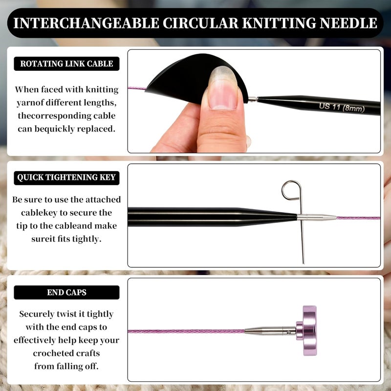 Froggod 4.53-inch (11.5cm) Interchangeable Circular Knitting Needles Set Aluminum US Sizes 2.5, 4, 5, 6, 7, 8, 9, 10, 11 with Interchangeable Knitting Needles and Cables, Accessories and Case, 9 Pairs - Image 3